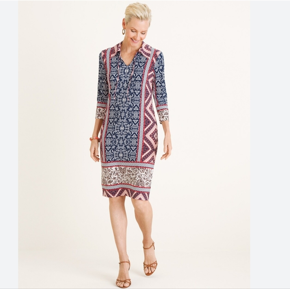NWT Chico's Shift Dress Mixed-Print Shirt Dress Stretch Collared 3/4 Sleeves 00